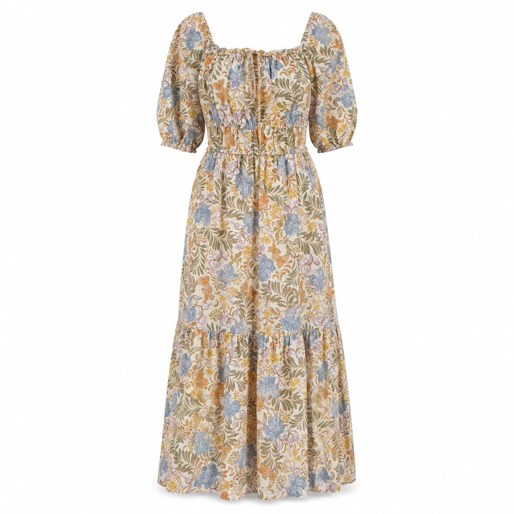 French Connection Linen Floral Dress 8 Puff Sleeve Midi Peasant Prairie Cottage